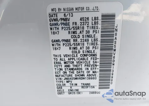 2013 Nissan Rogue Sv W/Sl Pkg из США, поврежденный, VIN JN8AS5MV6DW139980